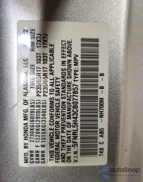 2012 Honda Odyssey Ex z USA, uszkodzony, nr VIN 5FNRL5H43CB077857